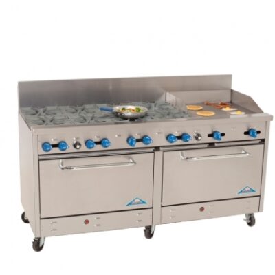 Comstock-Castle 2F330-24 72″ Gas Restaurant Range w/ (8) Open Burners, (1) 24″ Griddle, (2) Standard Ovens, 316.000 BTU