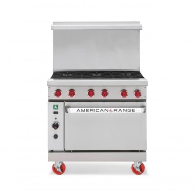 American Range ARGF-10 60″ Gas Restaurant Range, (10) Open Green Flame Burners w/ Pilotless Electronic Ignition, (1) Standard Oven, (1) Space Saver Oven, 312.000 BTU