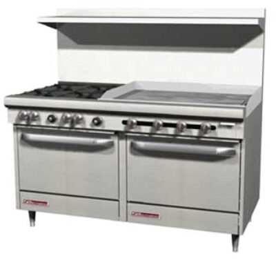 Southbend S60AA-3GR 60″ Gas Restaurant Range w/ 4 Open Burners, 36″ Griddle Right, 2 Convection Ovens